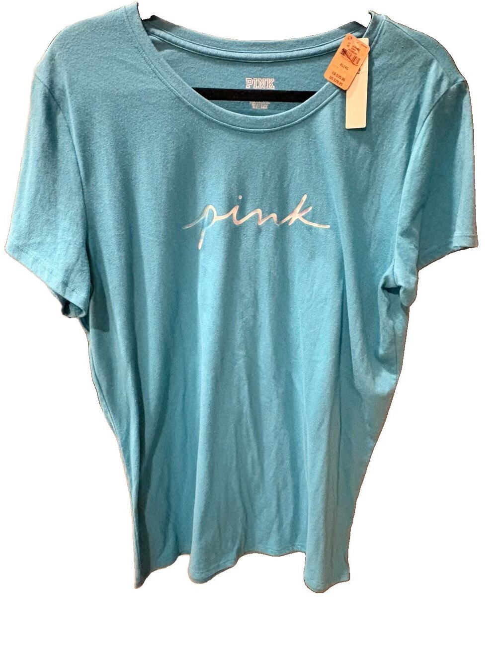 PINK Victoria's Secret NWT Campus T Shirt Blue Teal Script Logo Short Sleeve Tee